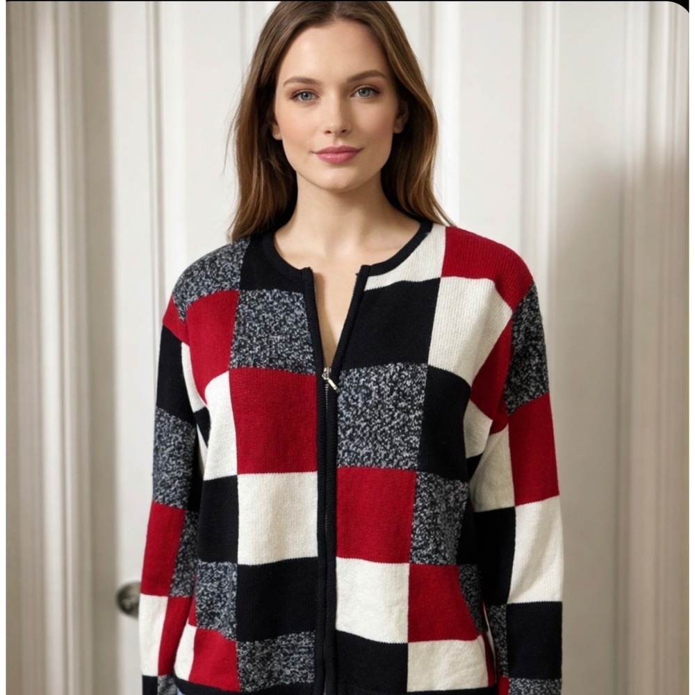 Full Zip Funky, Y2K, Color Block Design, electric grandma,Knit Cardigan. Vintage